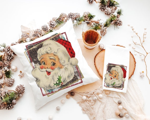 vintage Santa pillow covers 18x18, leopard print Christmas hand towels for bathroom, trendy Christmas housewarming gift for women, secret