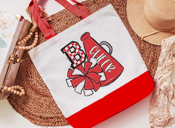 personalized red checkered initial tote bag for girls, cheer squad gifts, cheer travel bag for teens, cheerleader gift with school colors