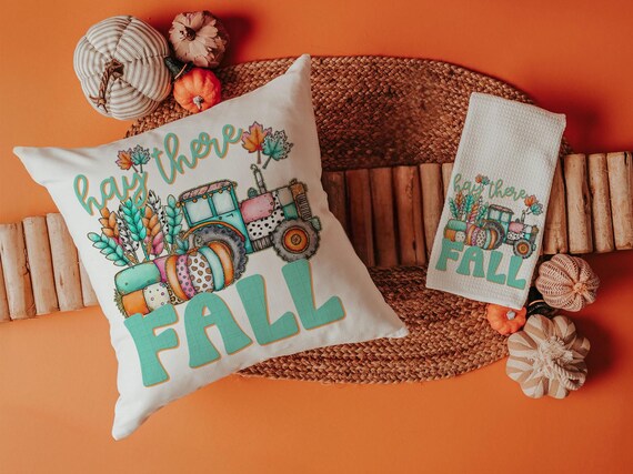 farm tractor hay there fall accent pillows for sofa, fall style gift, pink pumpkin kitchen towels, fall host gift, turquoise fall decor best