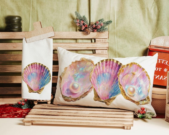 beach lumbar pillows for bedroom, opalite pearl oyster throw pillow for couch, beach Christmas gifts for beach lovers, coastal decorative