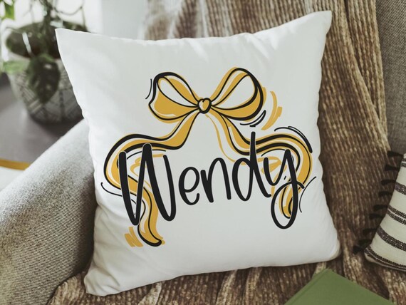 personalized fall coquette trendy decorative throw pillow with name, fall housewarming gift for her, butter yellow bow pillows for roommates