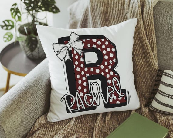personalized initial throw pillows for little girls, maroon name pillow cases for teens, secret Santa gifts for girls, coquette Christmas