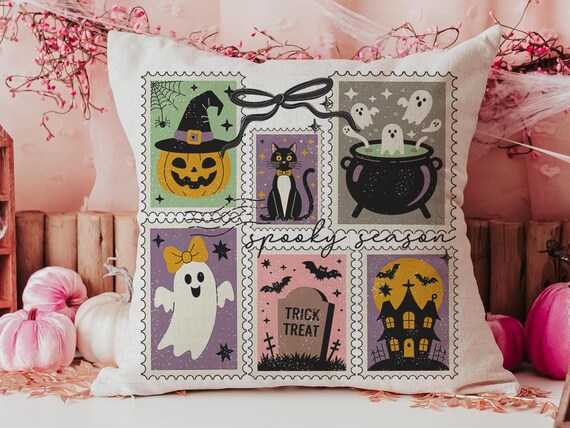 spooky cute Halloween coquette throw pillow covers 18 x 18, spooky season gift for her, boo basket stuffers for adults, black cat accent
