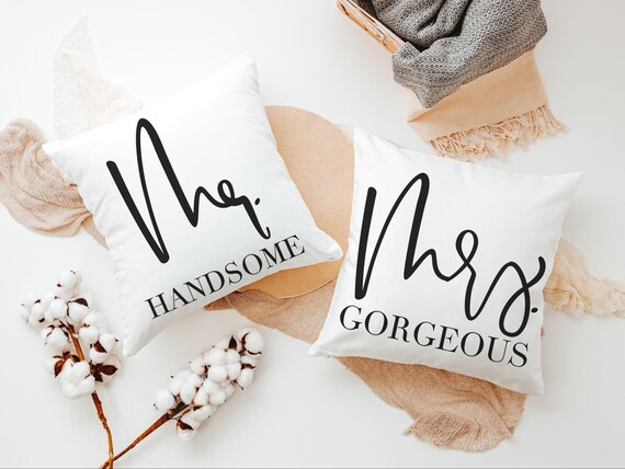 mr and mrs pillows for bed, unique wedding gifts for couple, romantic throw pillow set of two, newlywed stuff, his and hers gifts, bride and