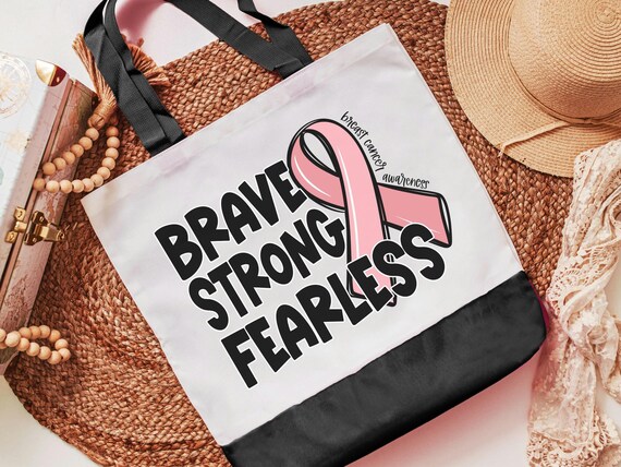 breast cancer awareness tote bag for women, brave strong fearless merch, breast cancer survivor gift, ring the bell end of chemo gift, save