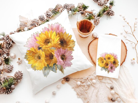 yellow daisy throw pillow for bed light pink daisy bathroom accessories, daisy gifts for women, floral kitchen towel for Mom, birth flower