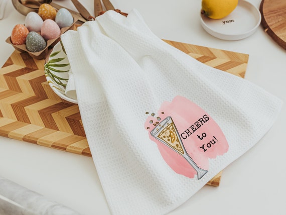 champagne dish towels for friends, cheers to you engagement gifts for couple, cocktail bar decor, secret Santa gifts for her, home bar towel
