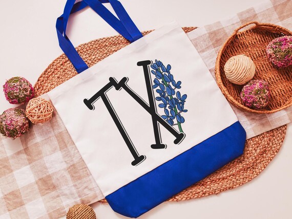 TX eclectic cute Texas tote bag for plant lovers, Texas Christmas gifts for gardeners, Texas state flower bluebonnet bag for gift, new