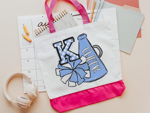 personalized Carolina blue cheer coach tote bags for women, cheer squad gifts, initial tote bag for teen girls, cheerleader gifts for girls