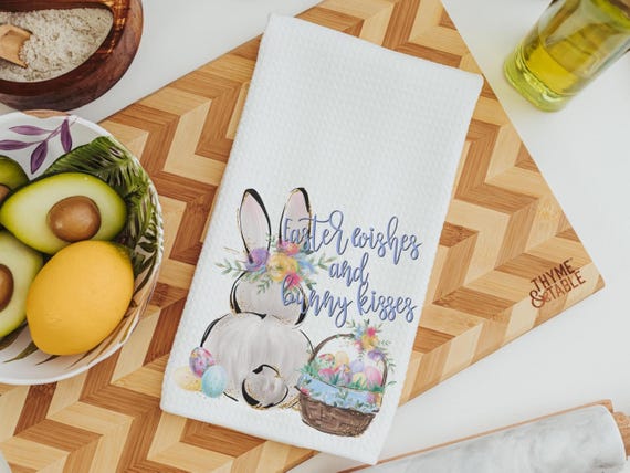 Easter wishes and bunny kisses Easter kitchen towels for Mom, floral Easter bunny butt decorative hand towels for guest bath, cute Easter