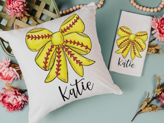 personalized softball coquette bow softball throw pillows for bed cute softball mom gift set for women, softball bow kitchen towels for gift