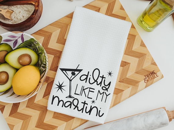 dirty martini hand towels for bestie, funny kitchen towels women gifts, home bar accessories, sarcastic gifts for coworkers, cocktail towels