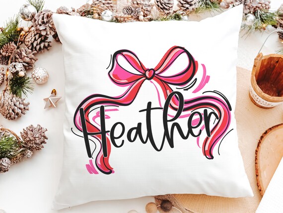 personalized Valentines day coquette throw pillow with name, red and pink Valentine bow accent pillow for bed, Galentines day gifts for bff