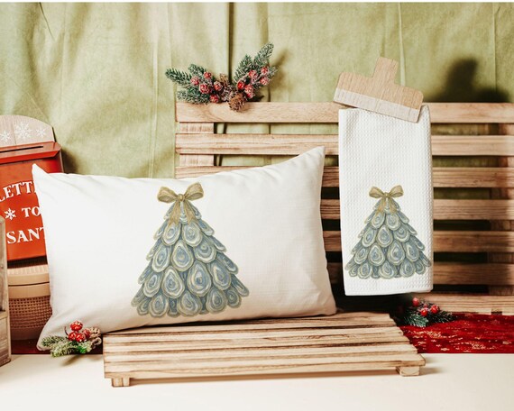 oyster shell Christmas tree throw pillows for couch, coastal Christmas kitchen towels for winter, oyster Christmas gifts for neighbors, best