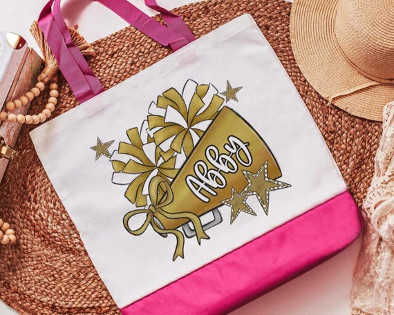 Personalized gold pom pom cheer tote bag with name
