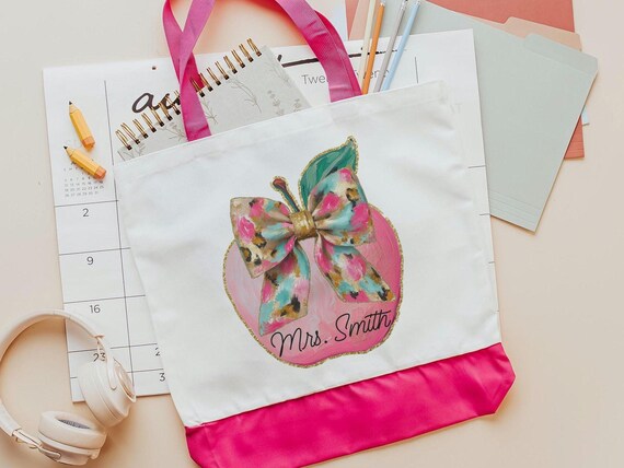 personalized watercolor apple coquette tote bag for teachers, back to school gifts for coworkers, new teacher gifts for women, cute teacher