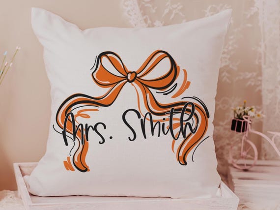 personalized fall coquette throw pillow with name, orange bow accent pillow for chair, fall housewarming gift for her, autumn decor cute