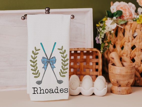 personalized cute golf kitchen towel for friend, golf coquette kitchen decor, golf gifts for her, lady golfer gifts for women, golf bathroom