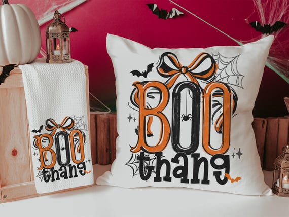boo thang funny Halloween throw pillows for chair, boo basket stuffers for adults, Halloween coquette kitchen towels, spooky season gifts