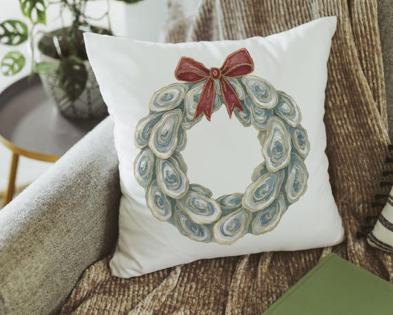 oyster shell Christmas wreath throw pillows for living room, oyster Christmas hand towels for bathroom beach Christmas gifts for neighbors
