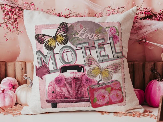 retro motel love throw pillows for women, Galentines day gifts for friends, funky Valentines day best selling gifts Etsy shops, pink truck