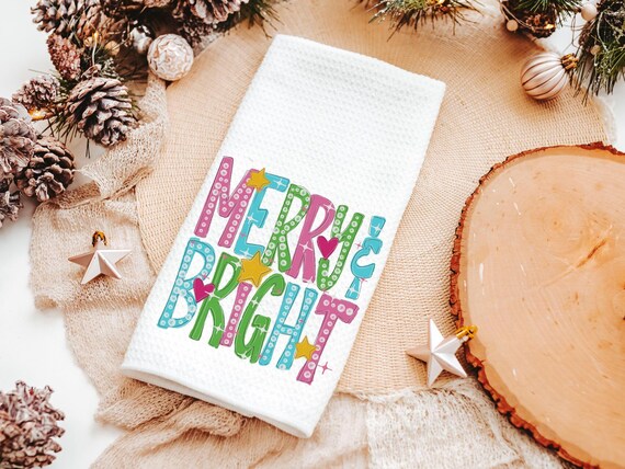merry and bright kitchen towels for Christmas, colorful Christmas hand towel for powder room, trending Christmas gifts for neighbors, secret