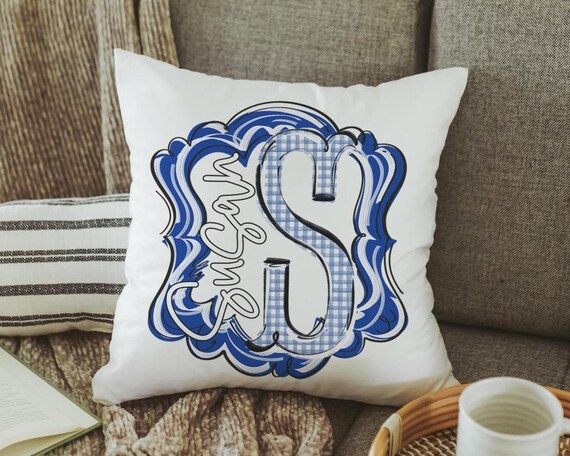 Personalized Royal Blue Gingham Initial Throw Pillow