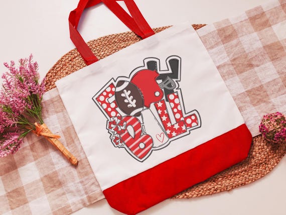 football tote for games, cheer and football mom tote bag for women, red school spirit accessories for teachers, game day gear, cheerleading