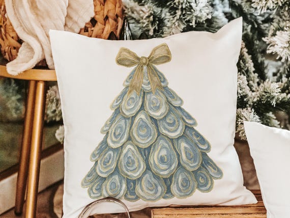 oyster shell nautical Christmas tree throw pillow for guest room, coastal Christmas pillow cover 18 x 18, beach Christmas gifts for ladies