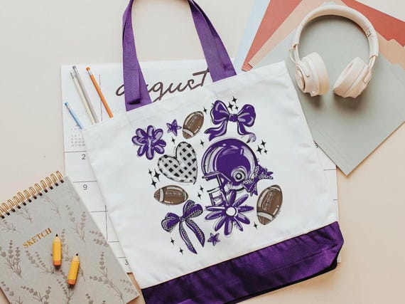 football coquette game day tote bag for women, purple school pride school spirit bags, trendy school supplies, back to school gifts for