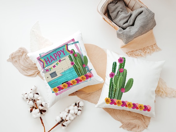 happy camper throw pillow for couch, boho camper decor, glamping gifts, floral cactus decor, RV accessories for inside, van life gifts, best