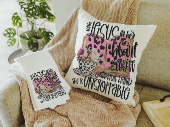 with Jesus in her heart leopard print throw pillows best sellers, Christian kitchen towels, religious Christmas gifts for godmother, coffee