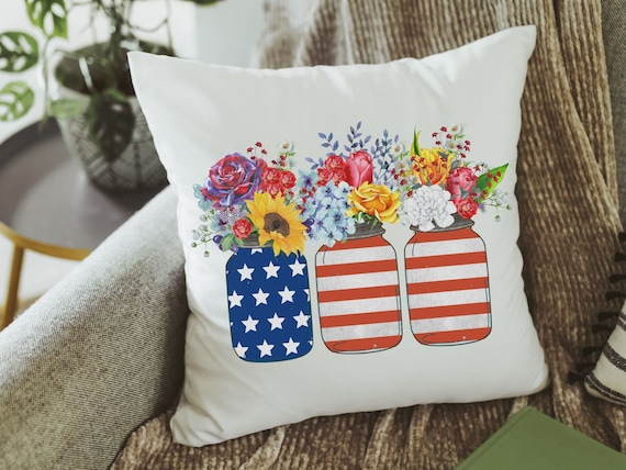 American flag mason jar red white and blue throw pillow covers for chair, 4th of July floral throw pillows for bench, patriotic decor for
