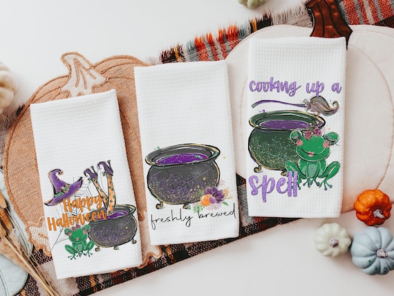 freshly brewed cute Halloween kitchen towels for friends, Halloween hand towels for bathroom, boo basket stuffers for adults, witchy kitchen