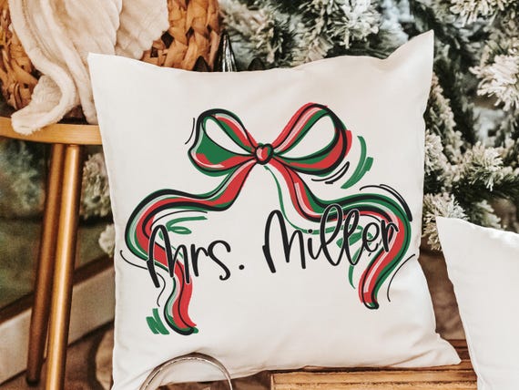 personalized Christmas coquette throw pillow with name, red and green Christmas bow accent pillow for couch, whimsical Christmas gifts for