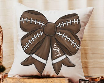 personalized football coquette bow football throw pillow for bed, custom cute football decor for living room, football mom gift, cheer gifts