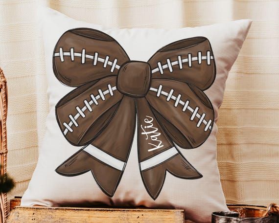 personalized football coquette bow football throw pillow for bed, custom cute football decor for living room, football mom gift, cheer gifts