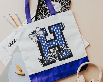custom name tote bag for girls, royal blue polka dot back to school tote bag teacher gifts for coworkers, first day of school bus driver