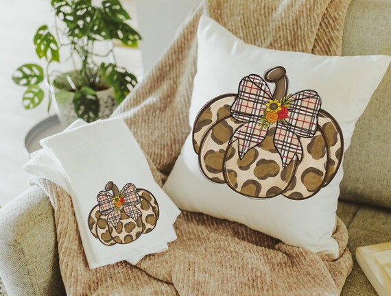 leopard pumpkin throw pillow for bed trendy gifts for women, plaid fall kitchen towels, autumn girly gift set for her, pumpkin coquette room