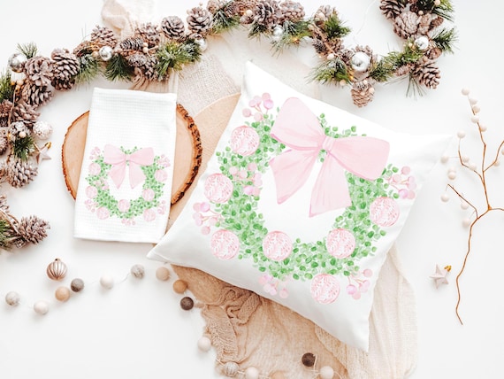 pink chinoiserie Christmas throw pillows for couch, watercolor wreath Christmas kitchen towels for new home, trending Christmas gifts for