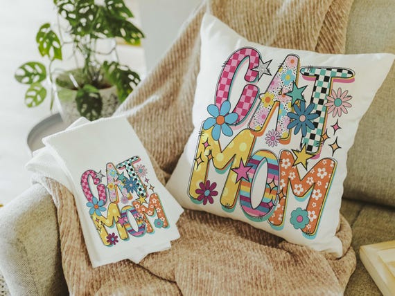 Floral cat mom throw pillow & towel