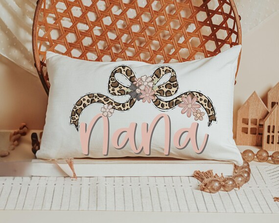 personalized blush pink nana throw pillow for bed, leopard print bow coquette pillow cover 12 by 20, mother in law mothers day gifts