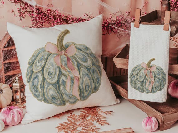 oyster shell pumpkin decorative pillows for breakfast nook, nautical pumpkins autumn kitchen towels, Thanksgiving hosting gift, fall coastal