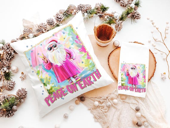 hippie Santa throw pillows for couch, peace on earth kitchen towels for Christmas, hot pink Santa Claus holiday hosting decor home decor