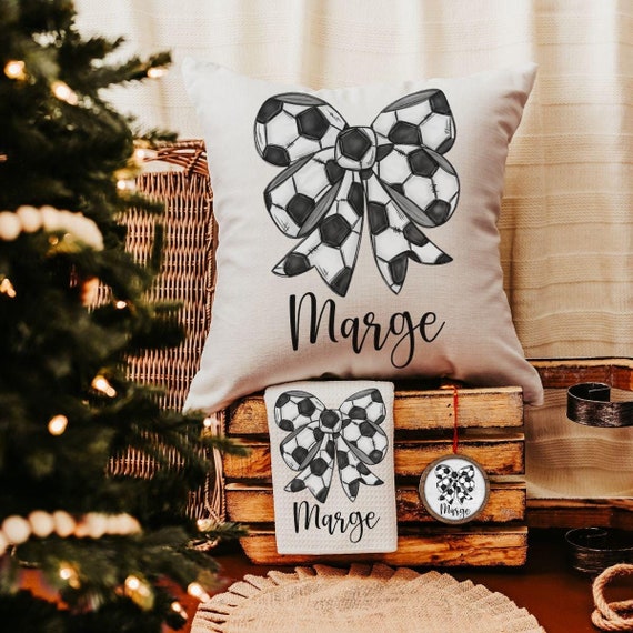 personalized soccer coquette bow throw pillow with name, soccer gifts for girls, cute soccer senior gifts for daughter, soccer rally towels