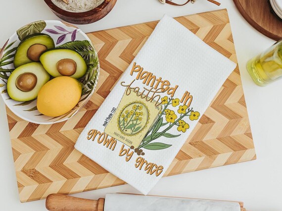 planted in faith grown in grace Christian kitchen towels, adult baptism gift for women, faith kitchen decor, Matthew 17:20 Bible verse gifts