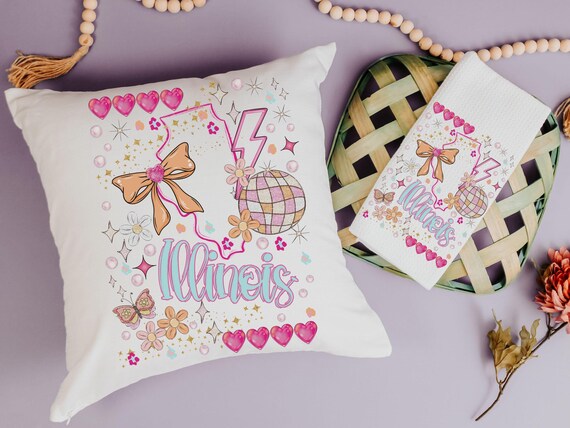 illinois pillow for bed, preppy throw pillows for dorm, moving to Chicago Illinois gifts, whimsical coquette kitchen towels decorative hand