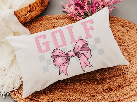 pink bow golf lumbar pillow for bed, golf mom era coquette room decor pillow, lady golfer throw pillow for couch, cute golf gifts for women
