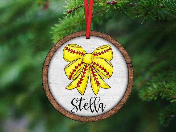 personalized softball coquette bow softball ornament wood, cute softball senior night gift, softball bow car charms for women, softball mom