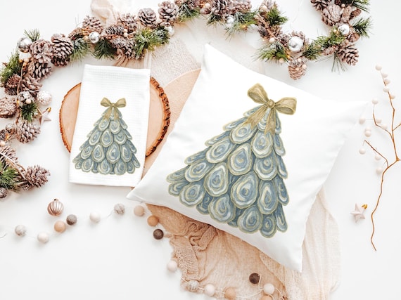 oyster shell Christmas tree throw pillows for couch, coastal Christmas kitchen towels for winter, oyster Christmas gifts for neighbors, best